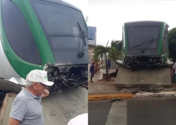 Metrô do Cariri passa direto e bate no muro de proteção da estação em Crato