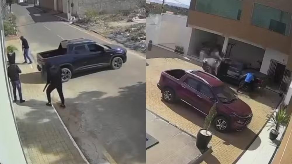 Veja momento em que criminosos invadem a casa (imagem 1) e atiram no comerciante que estava de blusa azul (imagem 2). — Foto: Reprodução