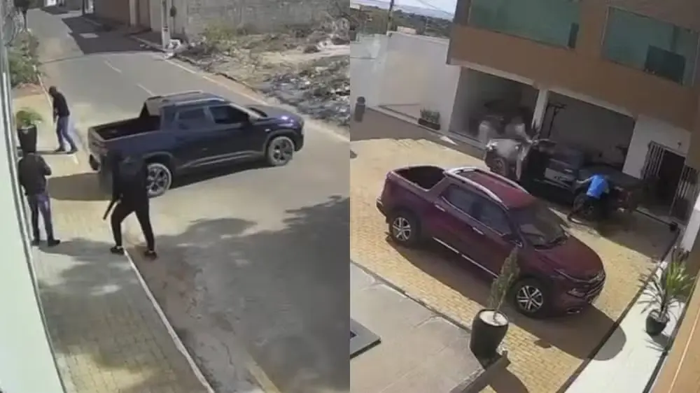 Veja momento em que criminosos invadem a casa (imagem 1) e atiram no comerciante que estava de blusa azul (imagem 2). — Foto: Reprodução